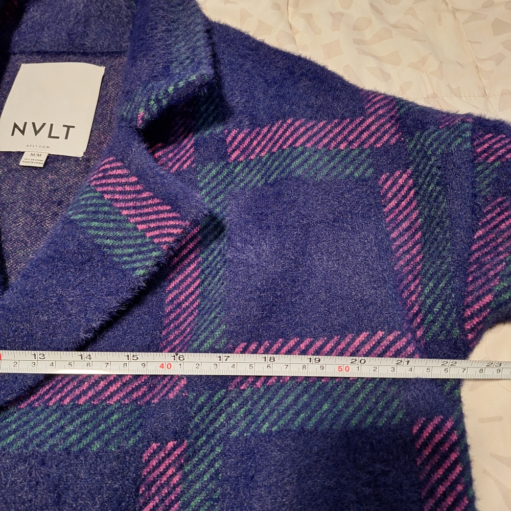 NWOT NVLT Women's Blue and Pink Eyelash Knit Plaid Coat - Picture 9 of 12